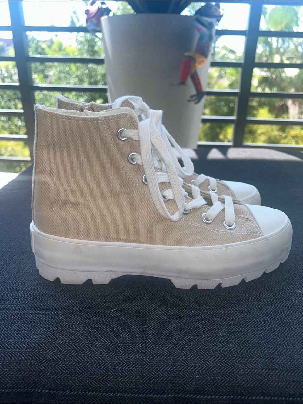 Platform Canvas High-Top Sneakers in Beige